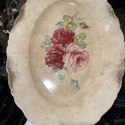 LaBelle China Oval Platter 14 x10" Rose Design Wheeling Pottery 1880's Rare