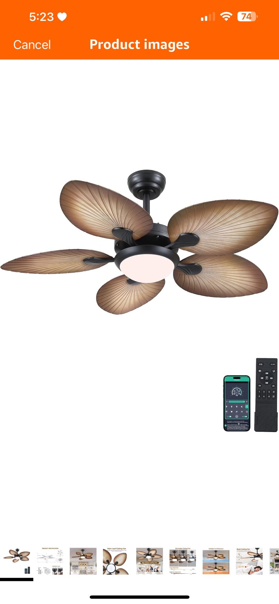 Tropical Ceiling Fans with Lights and Remote/APP Control, 44 Inch Palm Leaf Ceiling Fan with LED Lights, Outdoor Ceiling Fans for Patios Porch, Revers