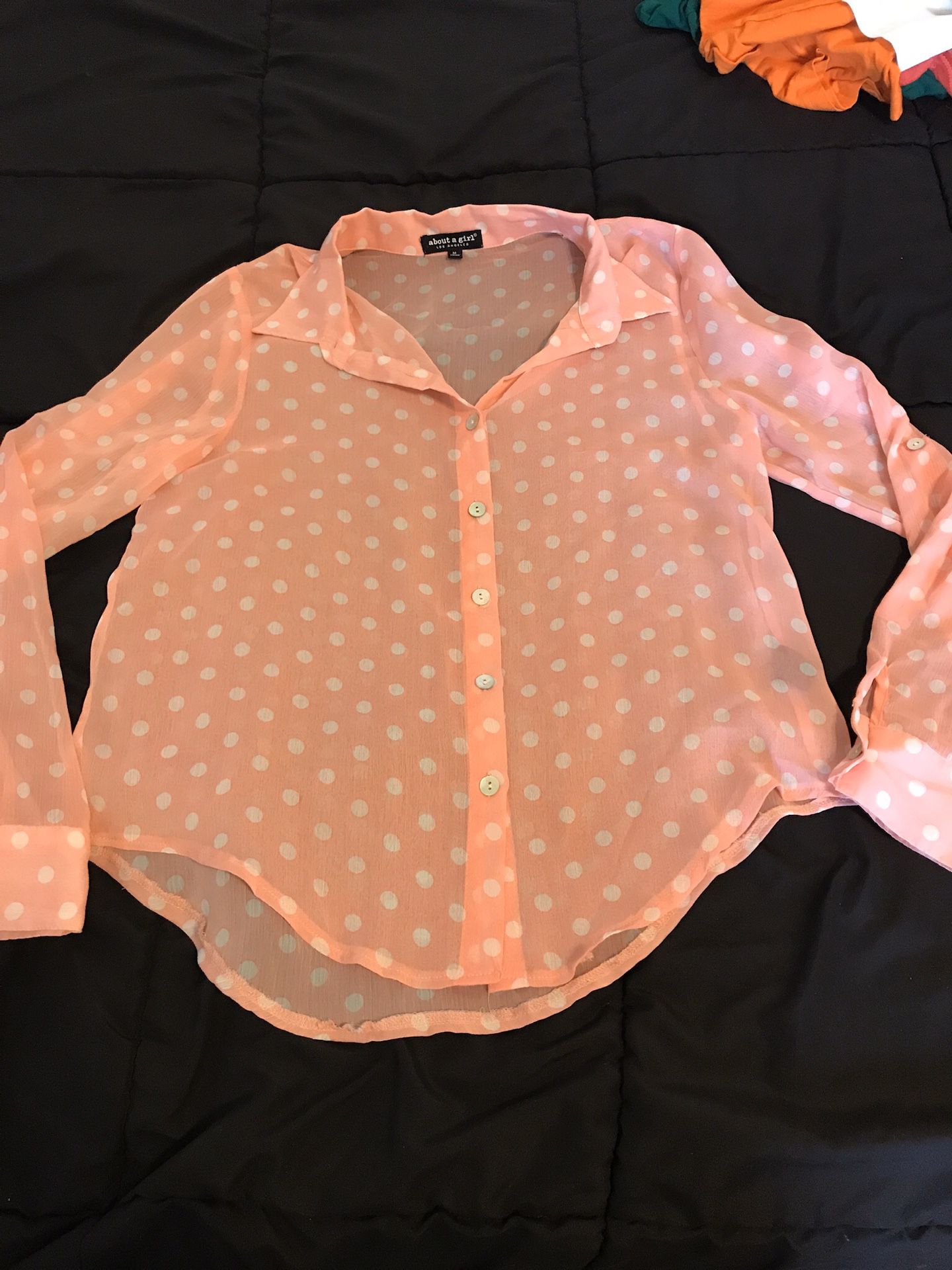 About a girl juniors? Ladies? m medium peach pink polka dot sheer blouse