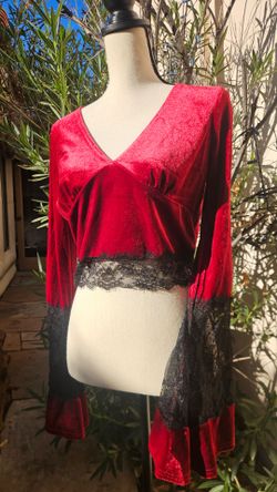 Red Velvet Crop Top with Black Lace Trim