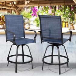 2 Piece Patio Swivel Bar Chairs, All Weather Textile Outdoor Metal Bar Stools Patio Chairs Set of 2 with High Back, High Top Bistro Set Furniture for 