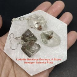 Lodolite Shamanic Dream Quartz Stone,Necklace,Earrings,& Selenite Set