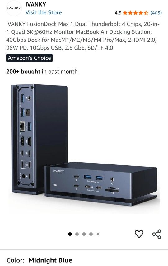 iVANKY FusionDock Max 1 Dual Thunderbolt 4 Chips, 20-in-1 Quad 6K@60Hz Monitor MacBook Air Docking Station, 40Gbps Dock for MacM1/M2/M3/M4 Pro/Max