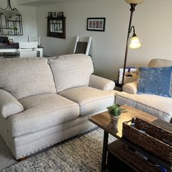 Sofa And Loveseat, Tan With Dark Gray Variegation On The Material