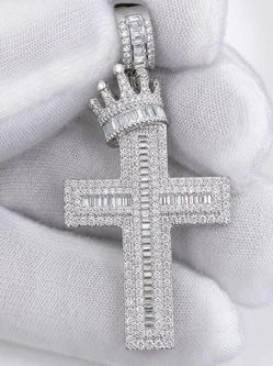 Moissanite Cross Pendant, 925 Sterling Silver, Crown Baguette Charm, Men's Iced Out Jewelry