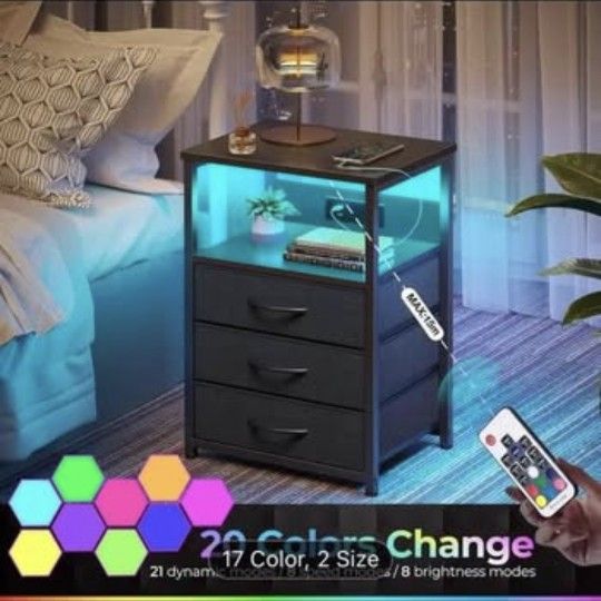 NEW Nightstand With Charging Station And LED Light, Side Table With Fabric Drawers, Bedside End Tab