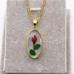 Dried rose flower resin gold chain necklace
