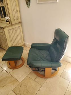 Chairworks Green Leather Recliner, Matching Ottoman