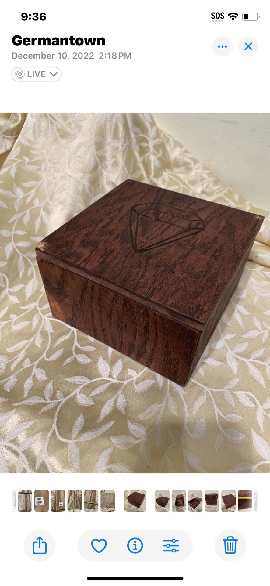 Wood Carving Diamond Box Jewelry, Organizer Box With Hinges Lid 7”x7”x4” H