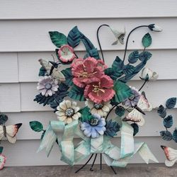 Vintage 3 Pc. Metal Flowers Butterfly Wall Hanging, Patio Yard Art Decor