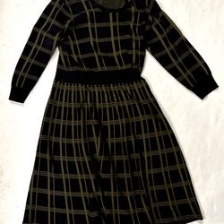Nina Leonard Black Plaid Scoop Neck Jacquard Knit Sweater Dress Size: L