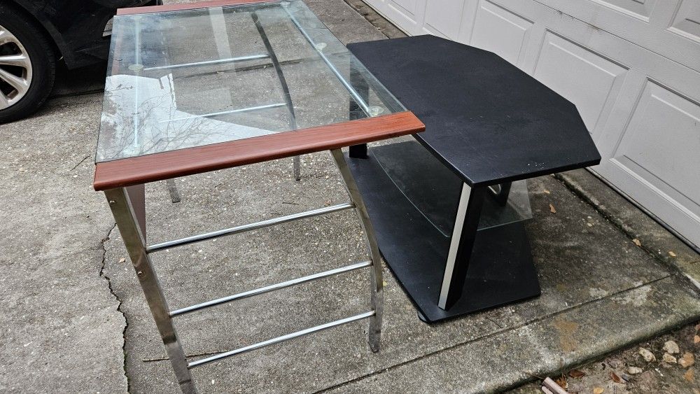 Glass Desk/ Black 3 Tier Tv Stand