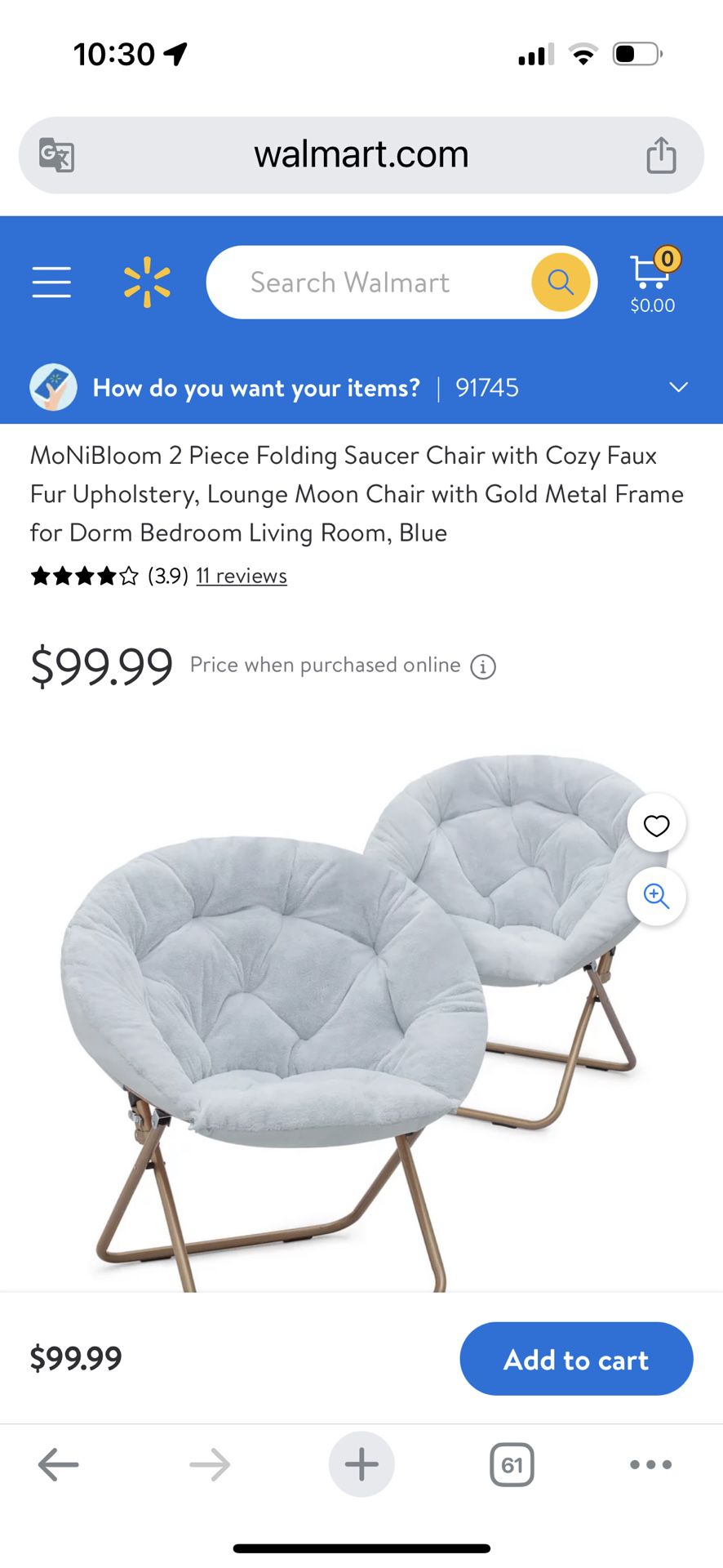  2 Piece Folding Saucer Chair with Cozy Faux Fur Upholstery, Lounge Moon Chair with Gold Metal Frame for Dorm Bedroom Living Room, Blue