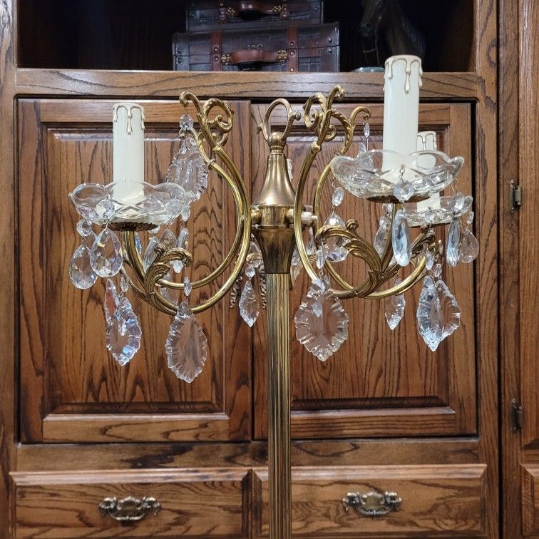 Antique Hollywood Regency Gold Gilt Brass Floor LampCrystal Chandelier