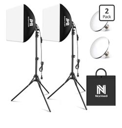 Softbox Lighting Kit, NiceVeedi 2-Pack 16'' x 16'' Softbox Photography Lighting Kit with 63” Tripod Stand & 5400K 450W Equivalent LED Bulb, Continuous