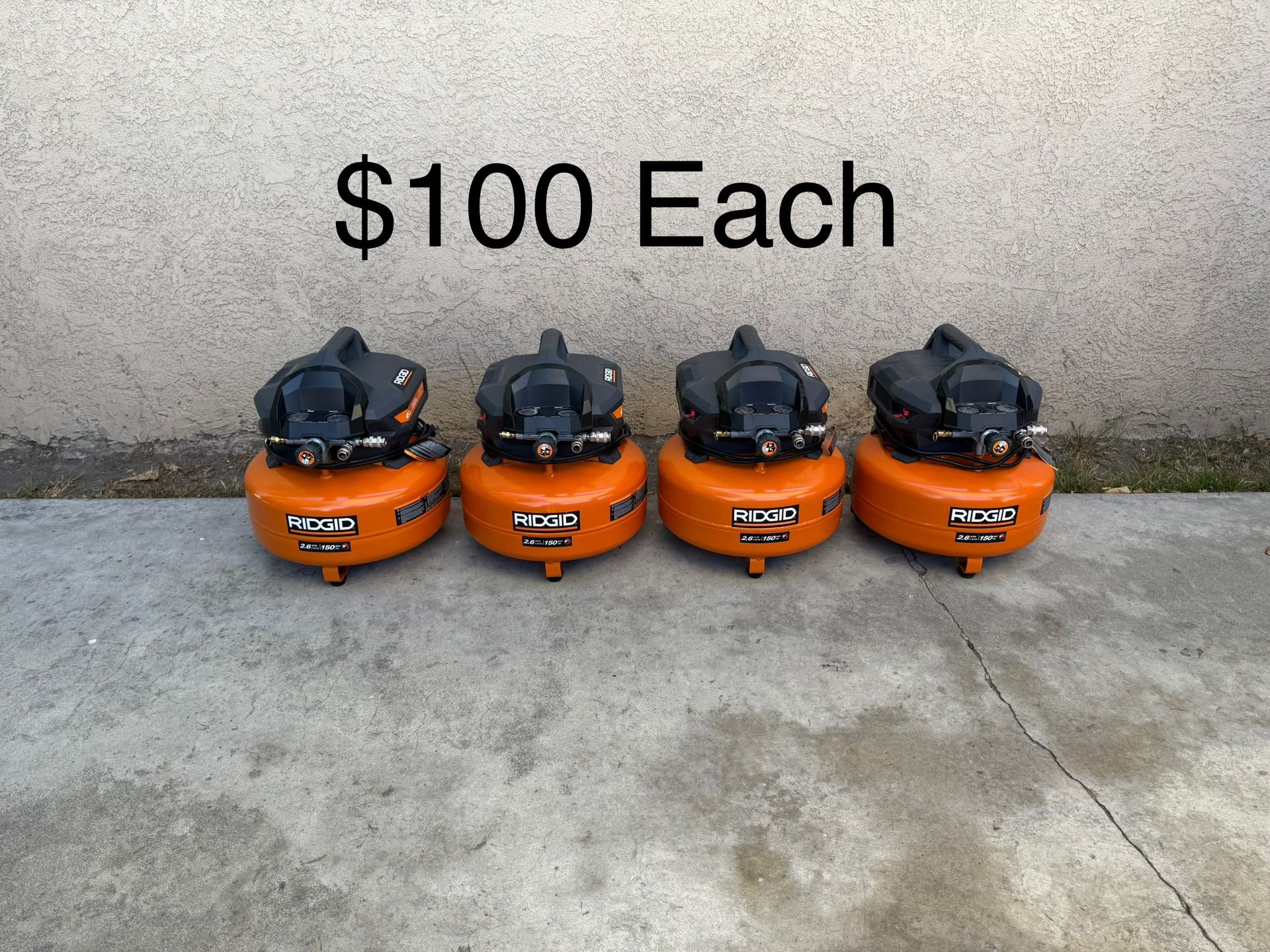 RIDGID 6 Gal. 150 PSI Portable Electric Oil-Free Jobsite Pancake Air Compressor with Dual Pressure Gauges and 2-Quick Couplers *$100 Each*