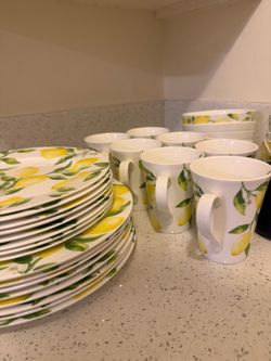 Lemon Print Dinnerware Set Plates and Mugs