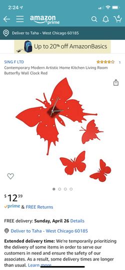 Contemporary Modern Artistic Home Kitchen Living Room Butterfly Wall Clock Red