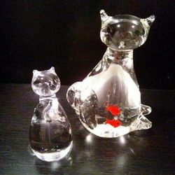 Pair of Solid Art Glass Cat and Kitten

