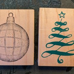 1997 Swirl Tree & Classic Sphere Ornament - - Wood Mounted Ink Stamps For Christmas