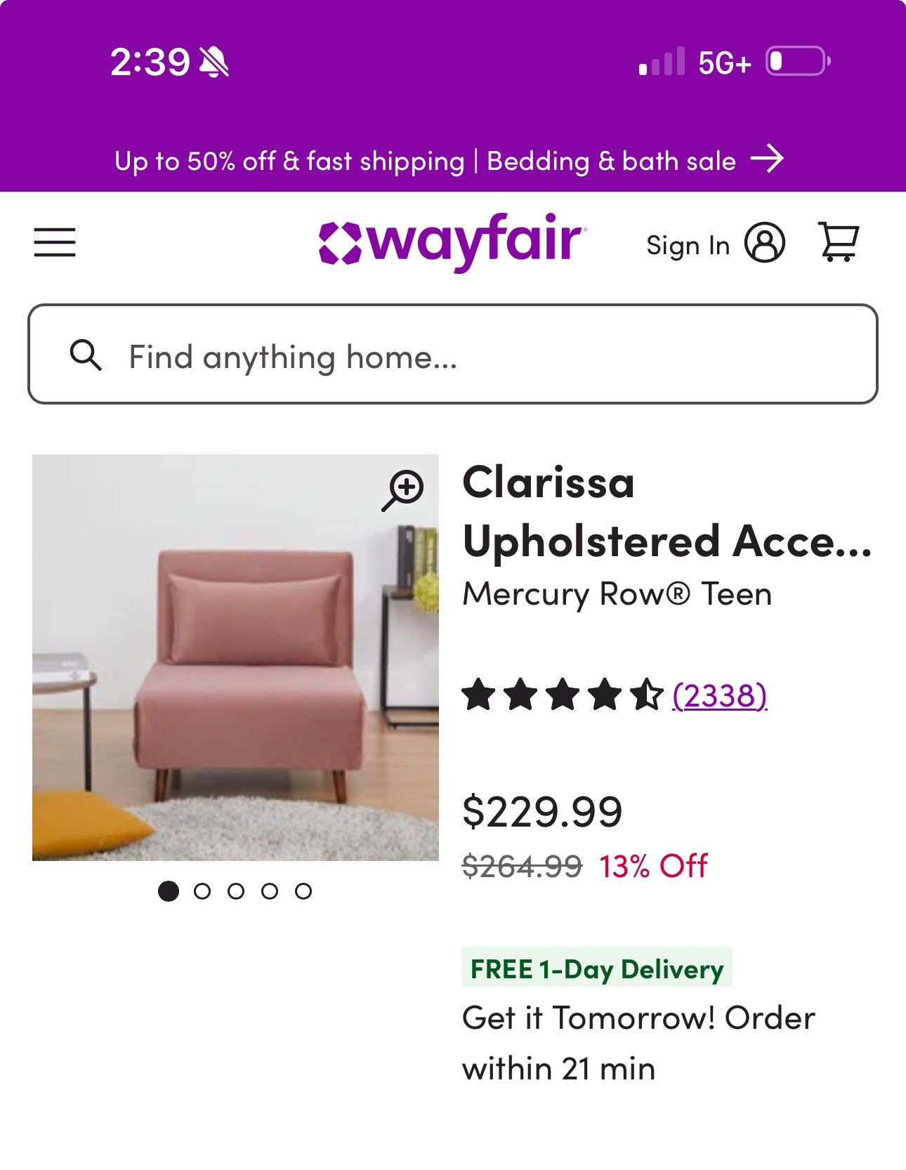 Accent Chair Sleeper Dust Pink
