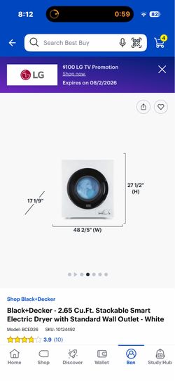 Black+Decker - 2.65 Cu.Ft. Stackable Smart Electric Dryer with Standard Wall Outlet - White