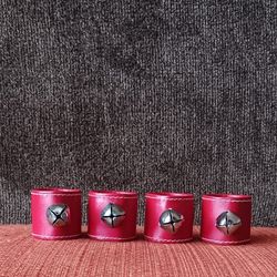 Vintage Red Leather Napkin Rings with Jingle Bells, 4 Jingle Bell Napkin Rings