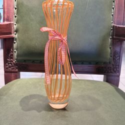 Hand Blown Glass Tapered Orange And Clear Vase