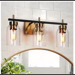 Zevni Modern Brass Gold Bathroom Vanity Light w/ Cylinder Clear Glass Shades