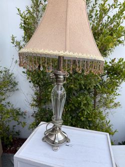 Elegant Glass  & Silver Table Lamp with Beaded Fringe Shade – Vintage Style