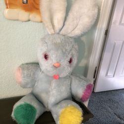 Vintage 1960’s Blue Bunny Plush/Plushie With Pink Eyes, Kitsch/Kitschy, Nursery Decor