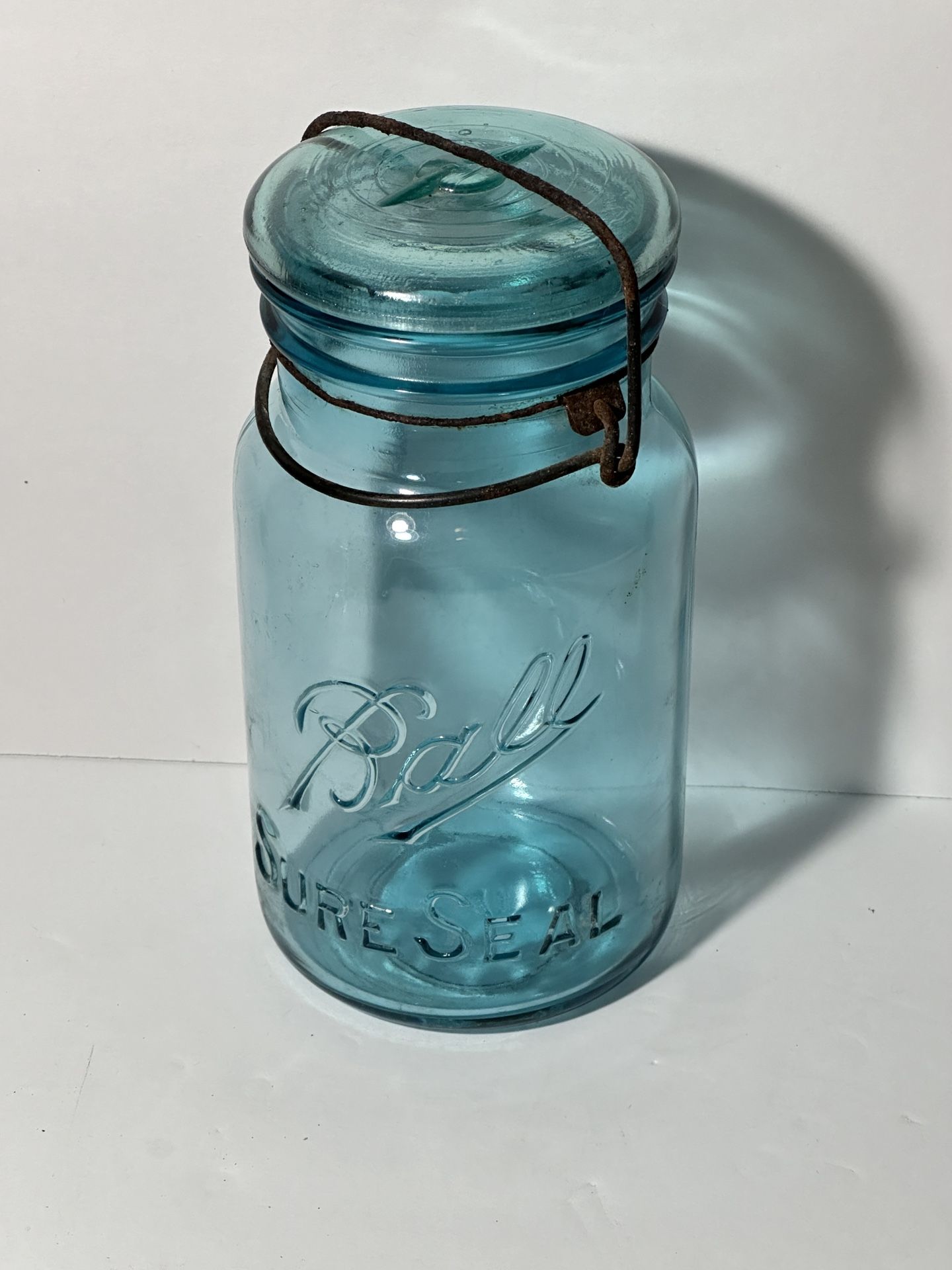 VINTAGE Ball Sure Seal blue glass canning jar with wire clamp & glass lid