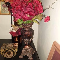 HIGH QUALITY GOLD BRONZE MOSAIC ORNATE FOOTED ACCENT TABLE FLORAL FLOWER VASE ROSE BOUQUET