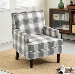 Accent Chair, Plaid Gingham Comfy Cozy Modern Accent Chairs Mid-Century Upholstered Lounge Arm Chair with Solid Wood Frame for Living Room/Bedroom-Gra