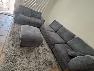 Gray Corduroy Sofa Set with Loveseat and Ottoman