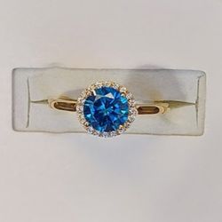 Blue Sapphire Halo White Diamond Simulants 18K Yellow Gold over Sterling Silver Ring (NWT)