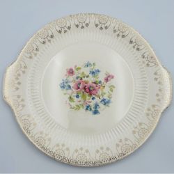 Vintage Floral Serving Platter Gold Trim Handles Pink Blue Flowers