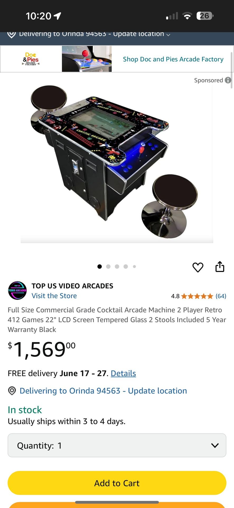 Full Size Commerical Grade Cocktail Arcade Machine