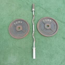 (2) 45lb YORK Olympic Size Barbell Weights With 17lb Curling Bar 112lbs Total