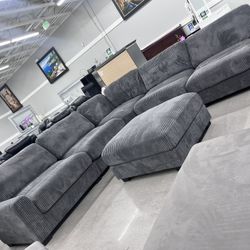 Long Sectional With Ottoman 127” X 127” 🩶 Grey Fabric 