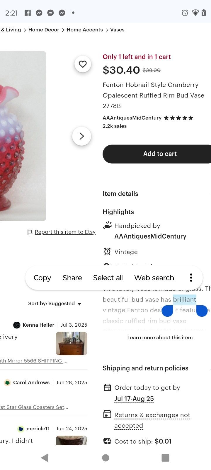 Fenton Bud Style Vase