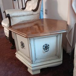 Vintage Mediterranean Hexagon End Table/ Cabinet Wood Top Brass Pulls $150 OBO