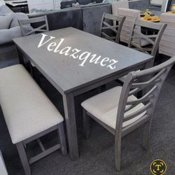 ✅️✅️ 6 pc grey finish wood dining table set padded seat  chairs and bench ✅️✅️