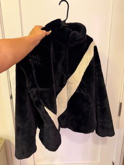 Nike Sportswear Oversized Swoosh Faux Fur Jacket in Black/Fossil