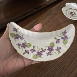 Vintage Antique 1960’s Old Nuremberg Bavaria Violet Crescent Shape Trinket Dish Bone China Handpainted 