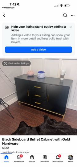 Black Sideboard Buffet Cabinet with Gold Hardware