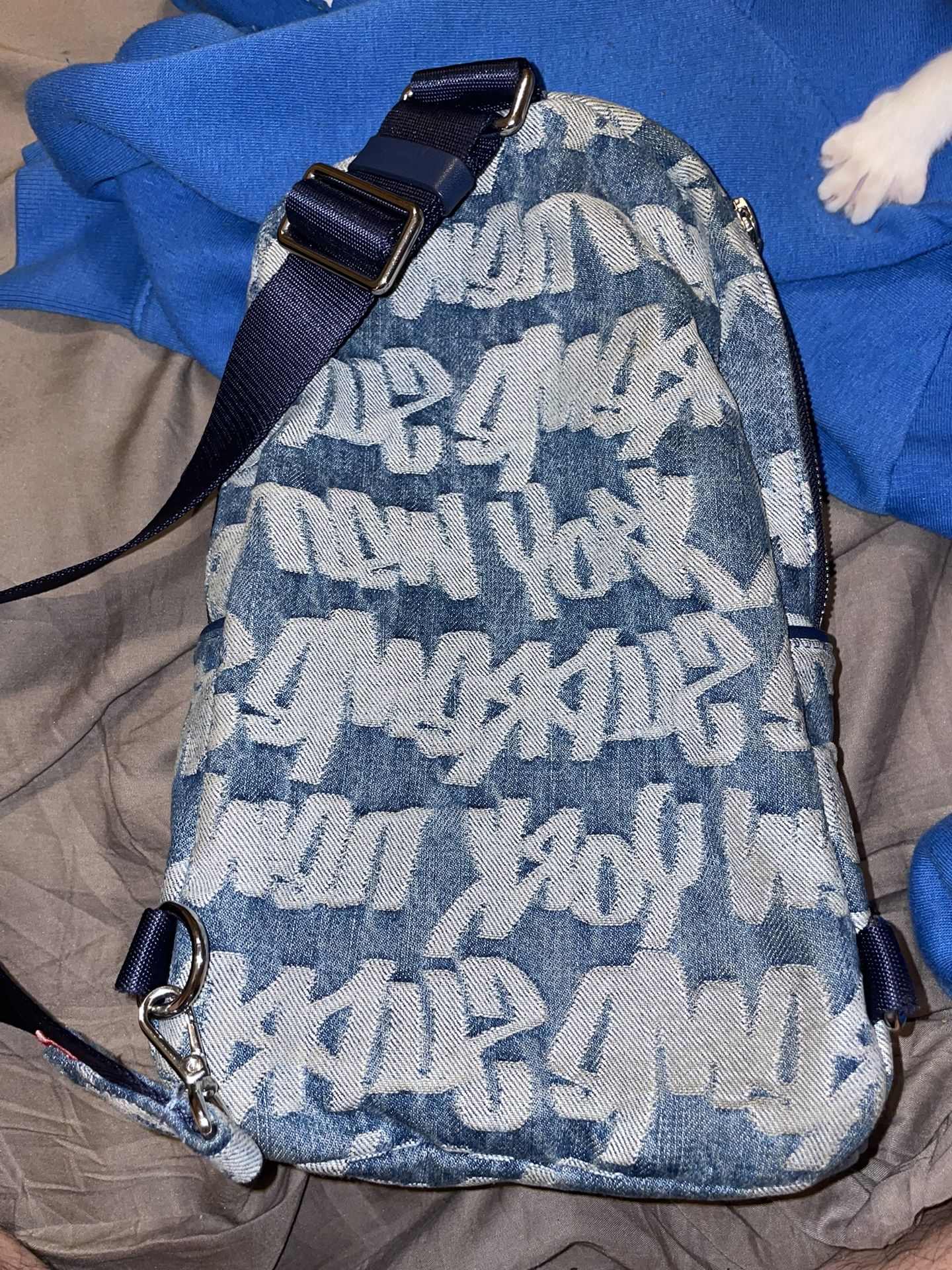 Supreme Fat Tip Jacquard Blue Denim Sling Bag for Sale in Pompano