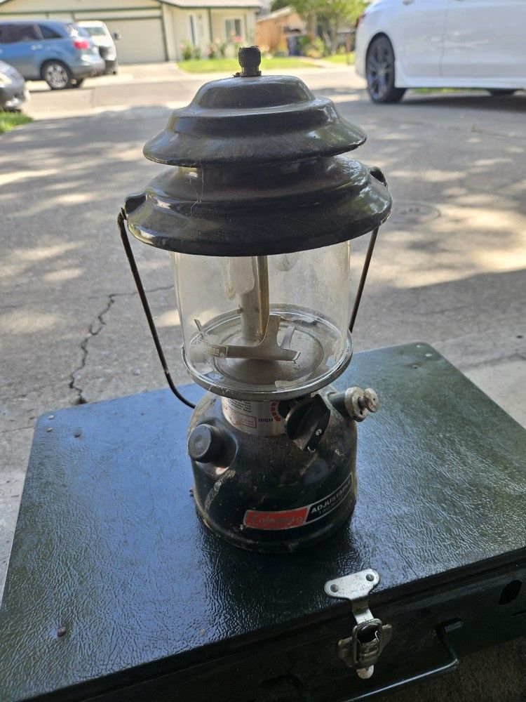 Coleman Adjustable Two Mantle Lantern And Vintage Coleman Cherokee Hatchet And Knife