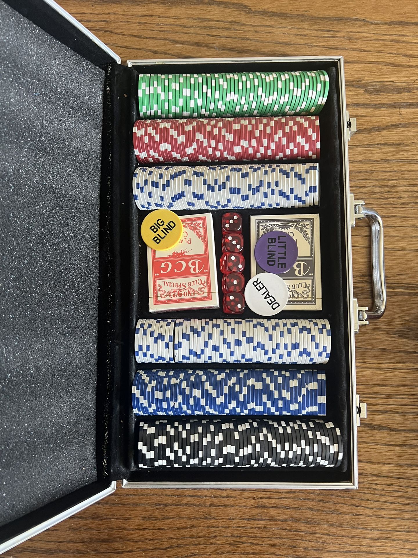 Poker Set w/ Chips, Dice, two sets of cards, and case.