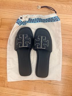 Tory Burch Black Double T Logo Leather Slide Sandals Size 9 + Dust Bag